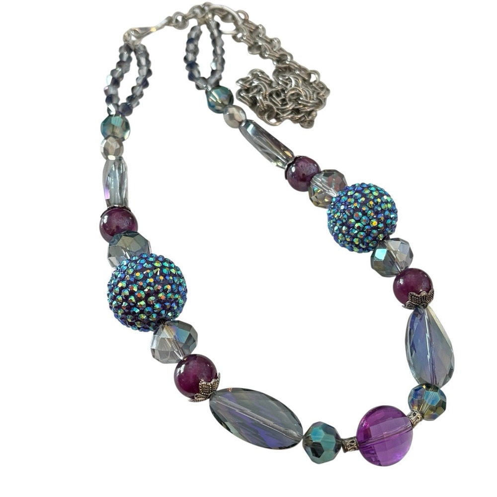Disco Ball Beaded Necklace Statement Long Purple Shades Rhinestone‎ AB Coated